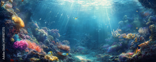 The ocean bottom scene with a rocky terrain, covered in vibrant corals and sea anemones. Small fish dart in and out of crevices, while rays of sunlight filter down from the surface, casting dappled