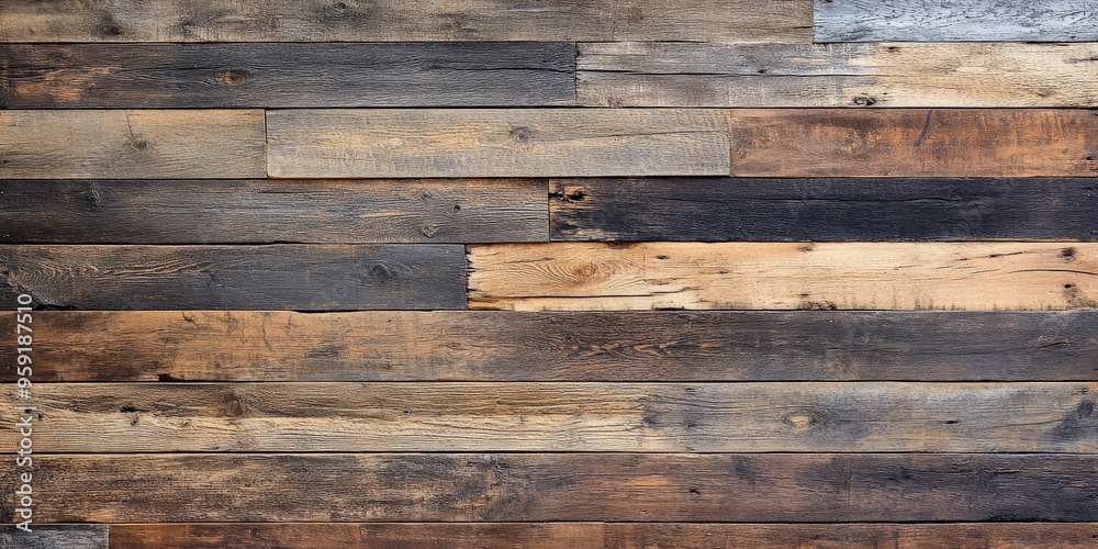 Naklejka premium Distressed wooden backdrop made of old pallet wood in various shades of brown and gray. The planks are unevenly cut with rough textures, nails, and cracks visible, giving a raw, industrial feel with a