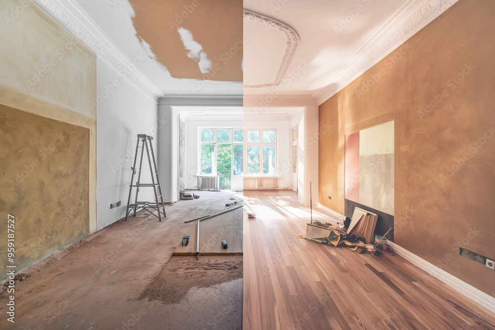 Fototapeta premium Before and after room renovation, wall painting, modern apartment renovation, interior of a house being constructed, restoration process, home refurbishment