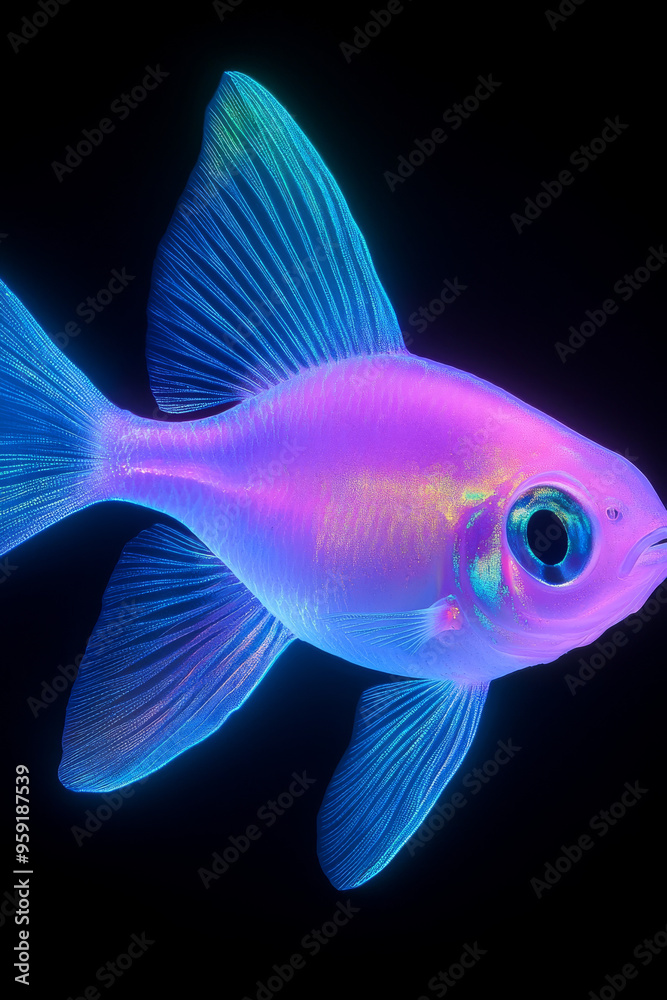 A vibrant, iridescent fish with neon blue fins and a pink body swims against a black background. A vibrant, iridescent fish with neon blue fins and a pink body swims against a black background.
