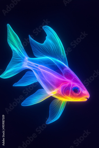 A neon-colored fish glows against a dark background.