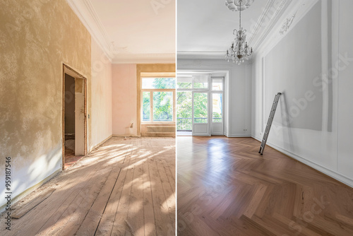 Before and after room renovation, wall painting, modern apartment renovation, interior of a house being constructed, restoration process, home refurbishment