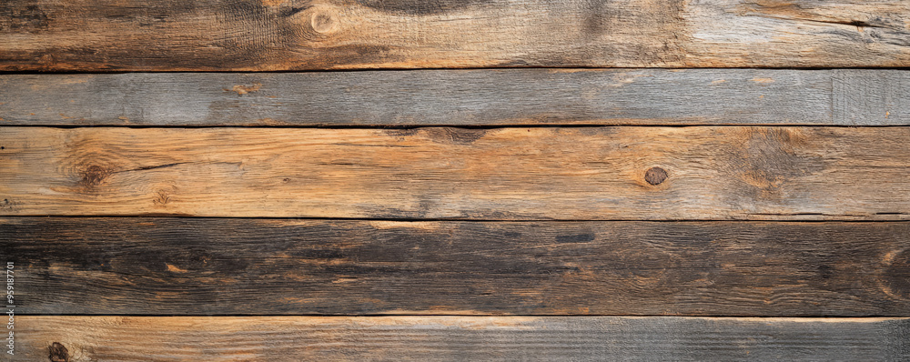 Obraz premium Rustic wooden backdrop with rough, reclaimed barnwood planks in various shades of brown and gray. The surface shows signs of weathering, with deep grain, knots, and cracks adding to the backdrop's