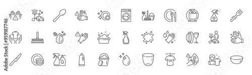 Water drop, Hold t-shirt and Cleaning liquids line icons. Pack of Shampoo, Cleaning, Toilet paper icon. Dish, Fork, Wash hands pictogram. Dirty water, Washing hands, Spray. Line icons. Vector