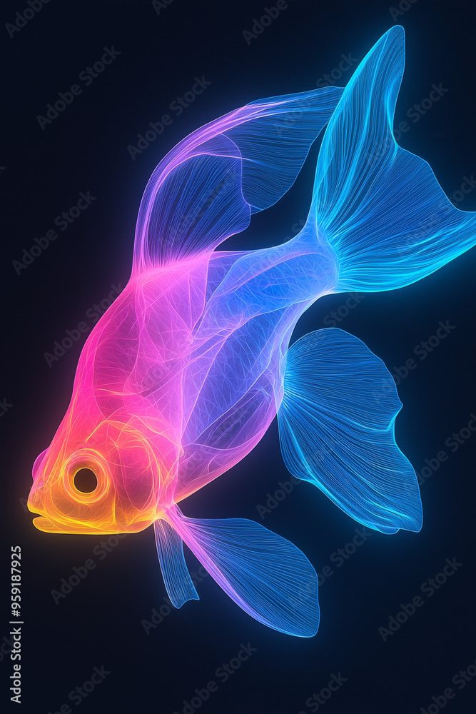 A glowing, ethereal fish swims through a dark blue void. A glowing, ethereal fish swims through a dark blue void.