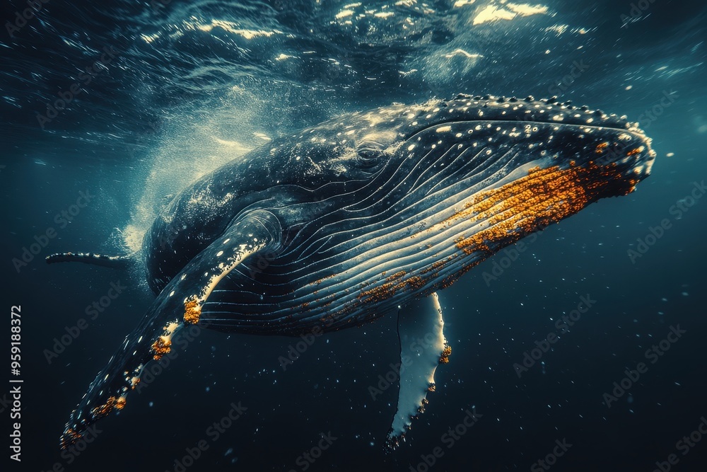 Fototapeta premium Captivating underwater encounter with a majestic humpback whale gliding gracefully