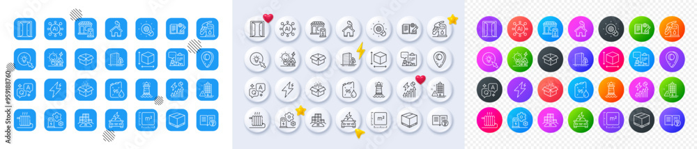 Radiator, Box size and Petrol station line icons. Square, Gradient, Pin 3d buttons. AI, QA and map pin icons. Pack of Square meter, Opened box, Innovation icon. Vector Radiator, Box size and Petrol station line icons. Square, Gradient, Pin 3d buttons. AI, QA and map pin icons. Pack of Square meter, Opened box, Innovation icon. Vector