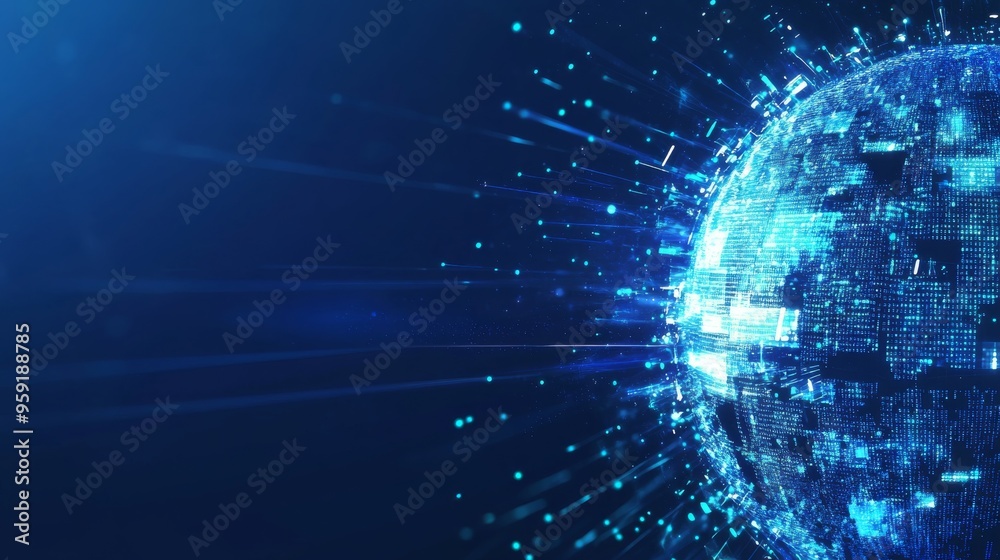 Fototapeta premium Abstract digital blue Earth globe with data and technology background for global business, online connection, or internet network concept. White space on the right side