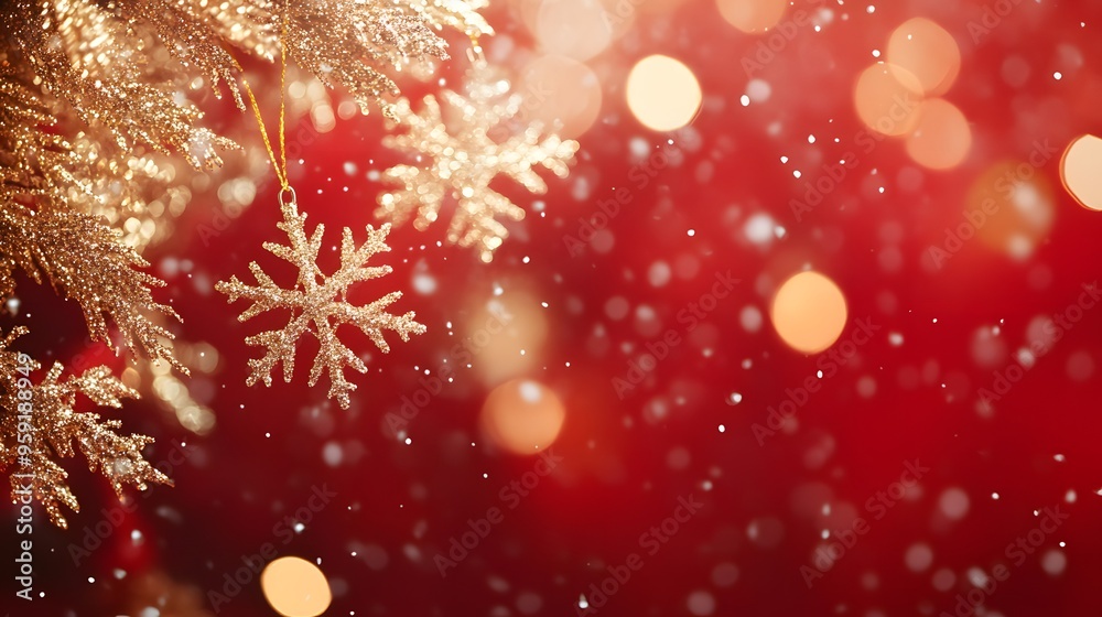 Red background with golden snowflakes, a shiny and festive atmosphere, a large area of red space at the top for text, bright lights, blurred edges, decorative elements, warm tones Red background with golden snowflakes, a shiny and festive atmosphere, a large area of red space at the top for text, bright lights, blurred edges, decorative elements, warm tones