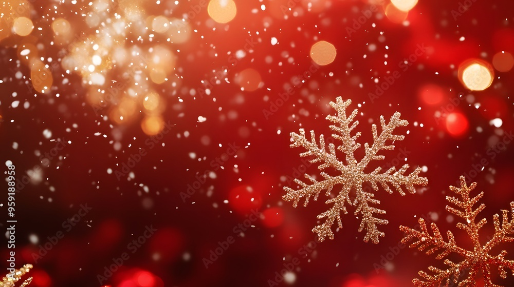 Red background with golden snowflakes, a shiny and festive atmosphere, a large area of red space at the top for text, bright lights, blurred edges, decorative elements, warm tones Red background with golden snowflakes, a shiny and festive atmosphere, a large area of red space at the top for text, bright lights, blurred edges, decorative elements, warm tones