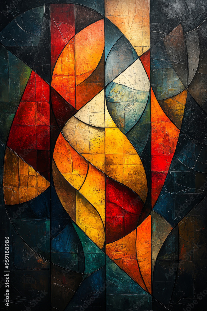 Abstract art featuring geometric shapes and vibrant colors like red, orange, yellow, and blue. Abstract art featuring geometric shapes and vibrant colors like red, orange, yellow, and blue.
