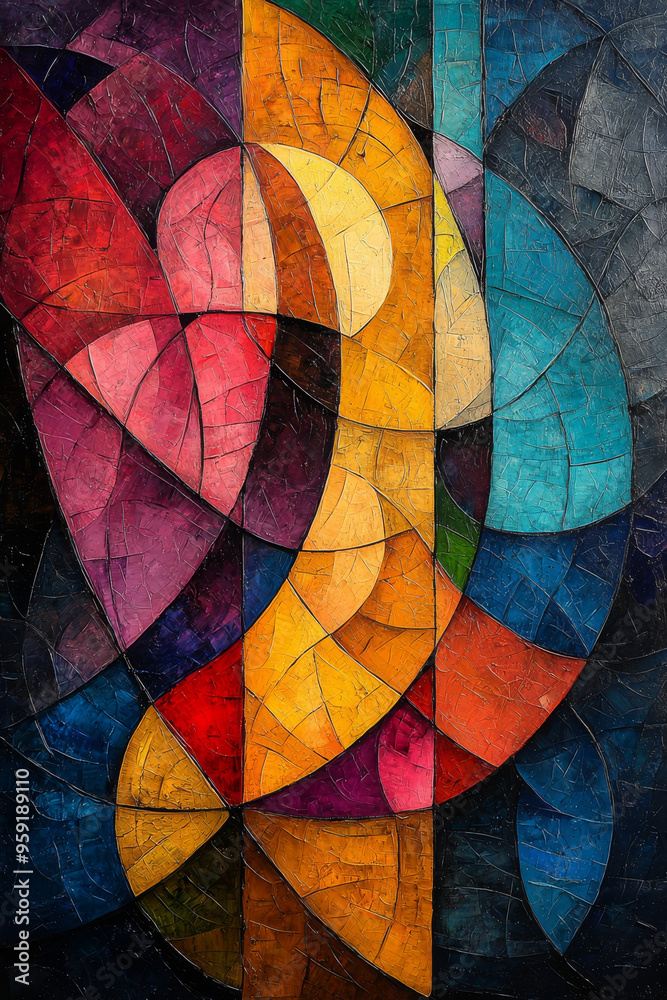 Fototapeta premium Abstract geometric painting with a mosaic-like texture and vibrant colors.