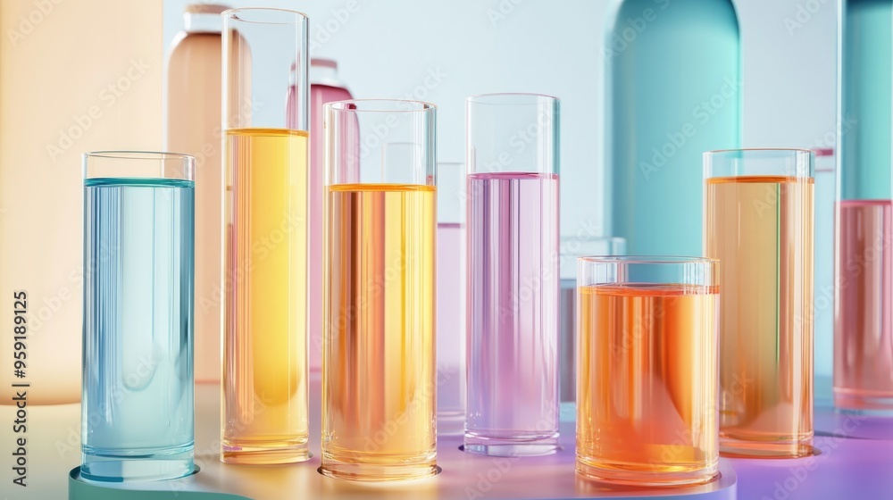 Test tubes filled with liquid placed on a neutral backdrop Test tubes filled with liquid placed on a neutral backdrop