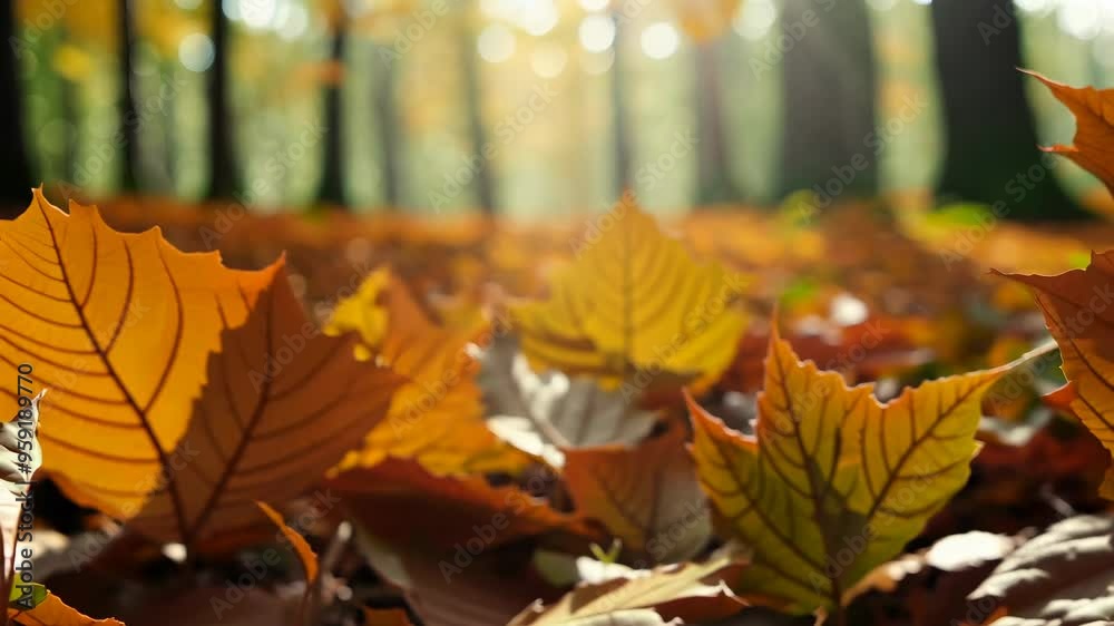 Fallen autumn leaves on a forest ground, fall in the woods, autumn park, orange foliage in October. 