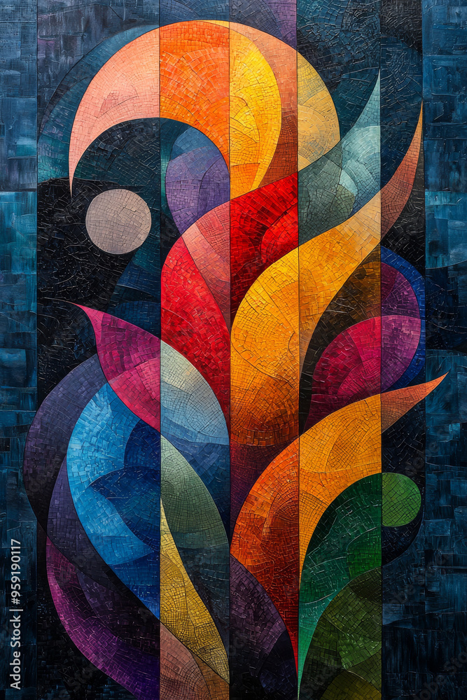 Fototapeta premium Abstract geometric art piece featuring colorful shapes and textures.