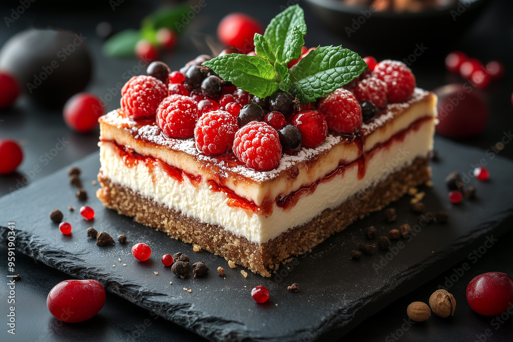 Delicious raspberry cake pie with cream and black currant. Tasty dessert. Ai generative. Delicious raspberry cake pie with cream and black currant. Tasty dessert. Ai generative.