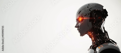 3D rendering of a humanoid robot in profile against a white background with empty space