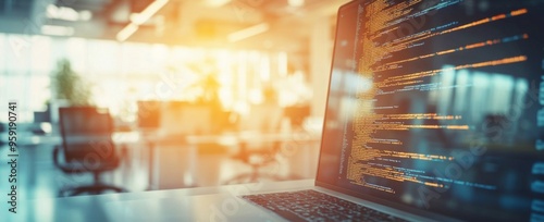 Close-up of a laptop with code on the screen in an office, with a blurred background and sunlight streaming through the window. Programming work time