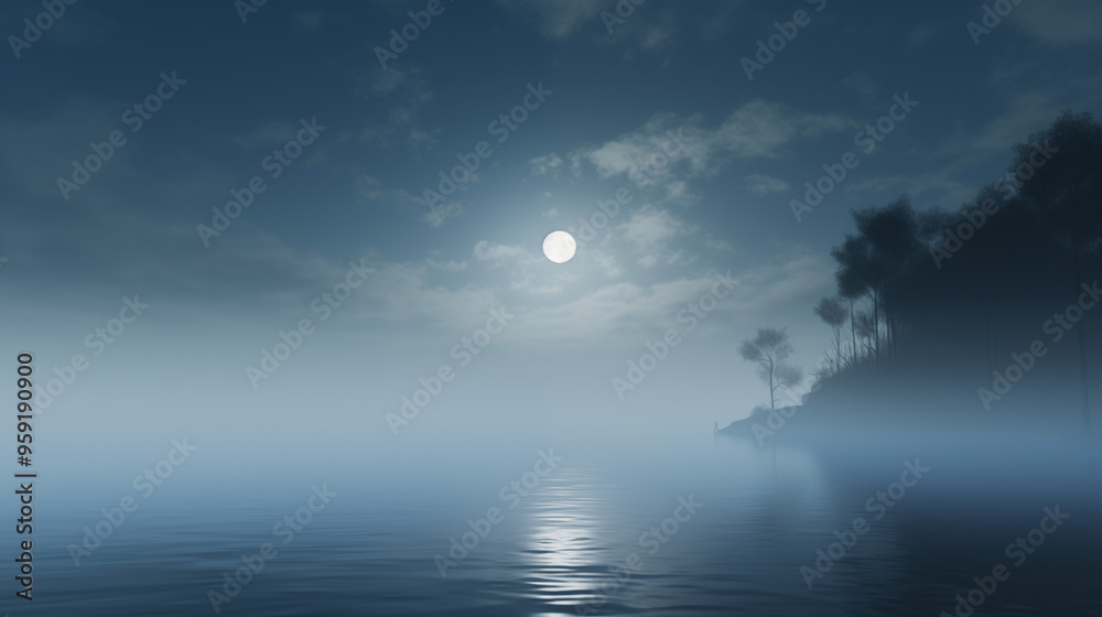 Moonlit Lake With Clear Sky And Gentle Mist Reflecting Still Waters Moonlit Lake With Clear Sky And Gentle Mist Reflecting Still Waters