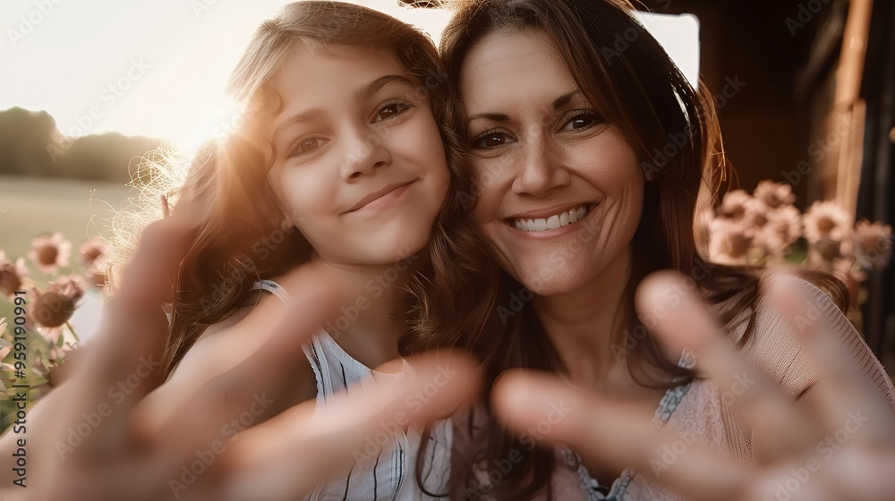 Laughing mother and daughter looking at camera. Young woman with preteen child. Laughing mother and daughter looking at camera. Young woman with preteen child.
