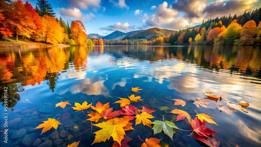 Naklejka premium Autumn leaves floating on a calm lake