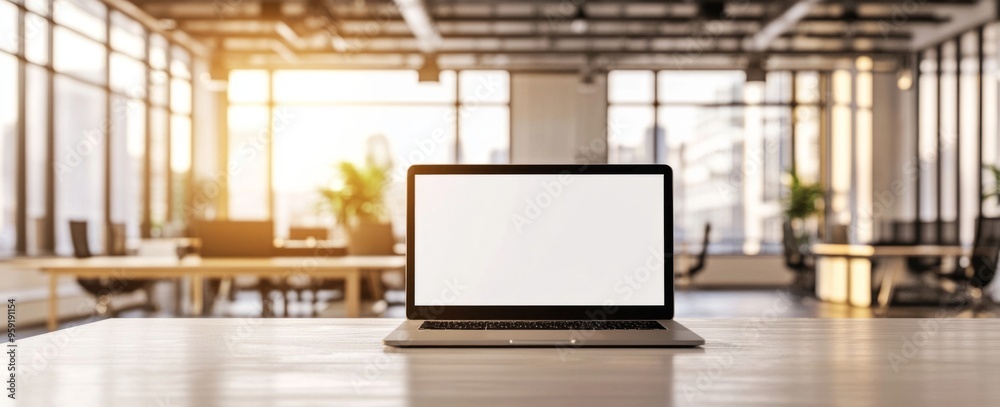 Mockup image of a laptop with a blank screen on a wooden desk in a modern office interior, with a soft-focus background of green plants and sunlight Mockup image of a laptop with a blank screen on a wooden desk in a modern office interior, with a soft-focus background of green plants and sunlight