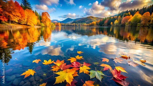 Fototapeta Naklejka Na Ścianę i Meble -  Autumn leaves floating on a calm lake