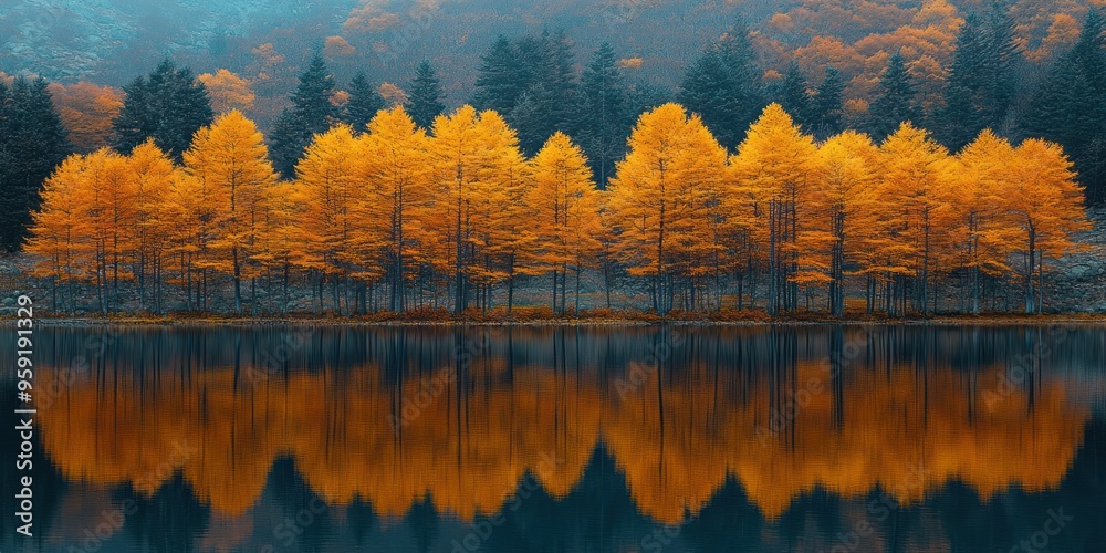 Obraz premium Golden Autumn Trees Reflecting in a Still Lake