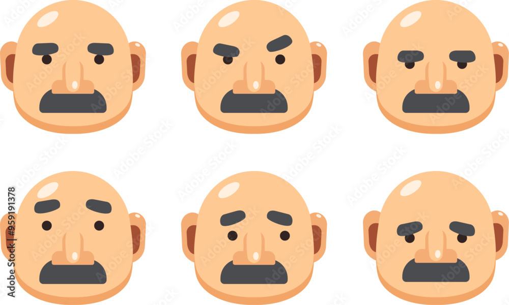 Cartoon sticker pack with different emotions. Emotion of serious bald man with black mustache. Man without hair emoji. Large head for set of emoticons stickers. Flat design illustration. Cartoon sticker pack with different emotions. Emotion of serious bald man with black mustache. Man without hair emoji. Large head for set of emoticons stickers. Flat design illustration.