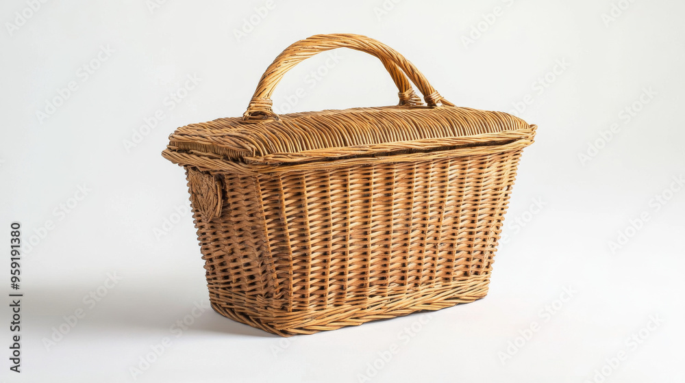 This empty basket is perfect for carrying food and drinks to a picnic. It's made of woven wicker and has a lid that closes tightly. This empty basket is perfect for carrying food and drinks to a picnic. It's made of woven wicker and has a lid that closes tightly.