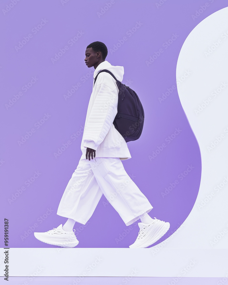 A young man in a white hoodie and pants walks on a platform with a purple background. A young man in a white hoodie and pants walks on a platform with a purple background.