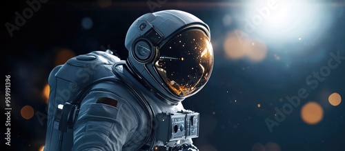 Fototapeta Naklejka Na Ścianę i Meble -  Futuristic astronaut in a spacesuit equipped with modern gear for space exploration Realistic rendering with cinematic lighting and an epic scene against a dark backdrop