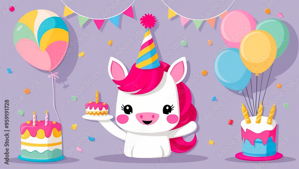 Fototapeta premium cute cartoon unicorn with cake, birthday flat design illustration