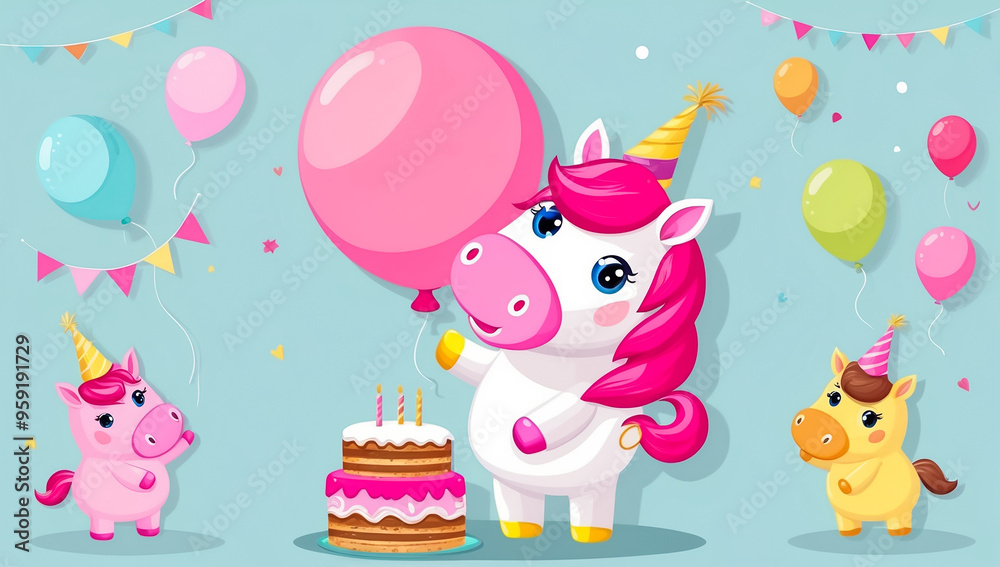 Naklejka premium cute cartoon unicorn with cake, birthday flat design illustration