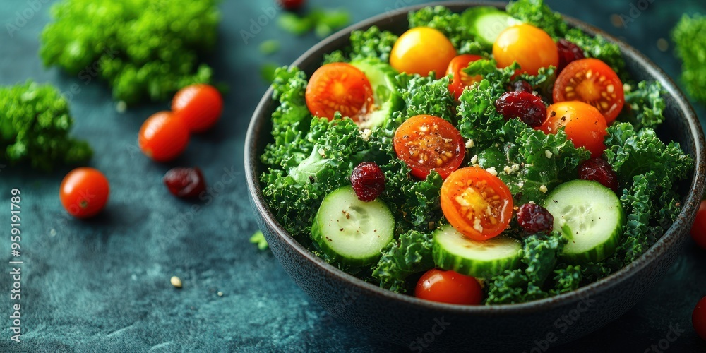 Fresh Salad with Kale, Cherry Tomatoes, Cucumber, and Cranberries Fresh Salad with Kale, Cherry Tomatoes, Cucumber, and Cranberries