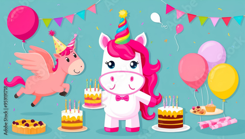 cute cartoon unicorn with cake, birthday flat design illustration