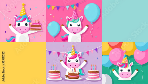 cute cartoon unicorn with cake, birthday flat design illustration