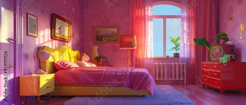 Pink and Yellow Bedroom with a View