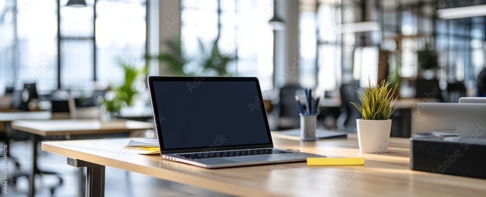 Laptop mockup in a modern office with a blurred work atmosphere Laptop mockup in a modern office with a blurred work atmosphere