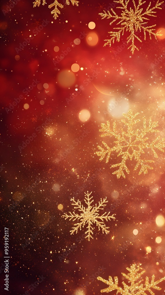 Red background with golden snowflakes, a shiny and festive atmosphere, a large area of red space at the top for text, bright lights, blurred edges, decorative elements, warm tones Red background with golden snowflakes, a shiny and festive atmosphere, a large area of red space at the top for text, bright lights, blurred edges, decorative elements, warm tones
