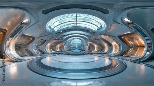 360 degree panoramic view of a futuristic sci fi building interior showcasing intricate 3D render design elements