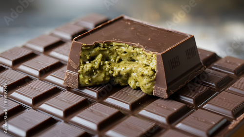 Close up of a dark Dubai chocolate bar with a bite taken from it against a blurred background, the chocolate bar is stuffed with a thick layer of pistachio filling that seeps out the sides. photo