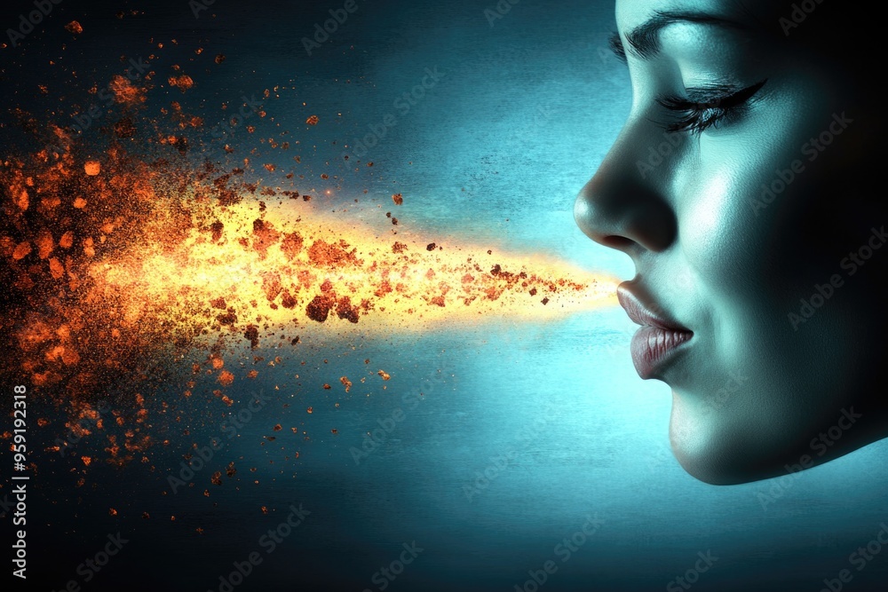 Woman blowing fiery sparks against blue background in conceptual art Woman blowing fiery sparks against blue background in conceptual art