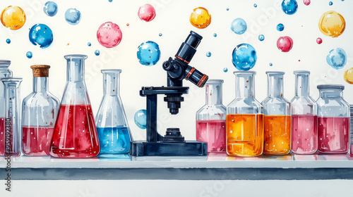 A watercolor illustration of a laboratory with beakers filled with colorful liquids, a microscope, and bubbles floating in the air.