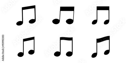 Music note icon different shapes, set of black musical symbols, vector illustration.
