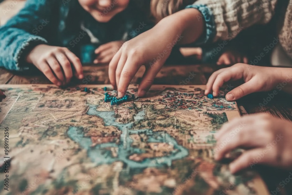 Children's hands exploring a detailed world map with colorful pins Children's hands exploring a detailed world map with colorful pins