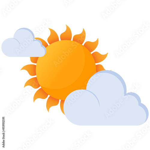 Sunny Day with Fluffy Clouds, Weather Icon