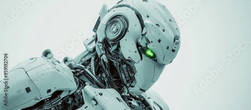 Futuristic mech soldier in a white backdrop Military robot featuring green and gray metal operated by a pilot Scratched metal armor showcases a battle ready design 3D rendering