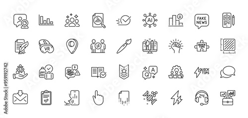 Business portfolio, Checklist and Brush line icons pack. AI, Question and Answer, Map pin icons. Inclusion, Empower, Discrimination web icon. Vr, Decreasing graph, Quick tips pictogram. Vector
