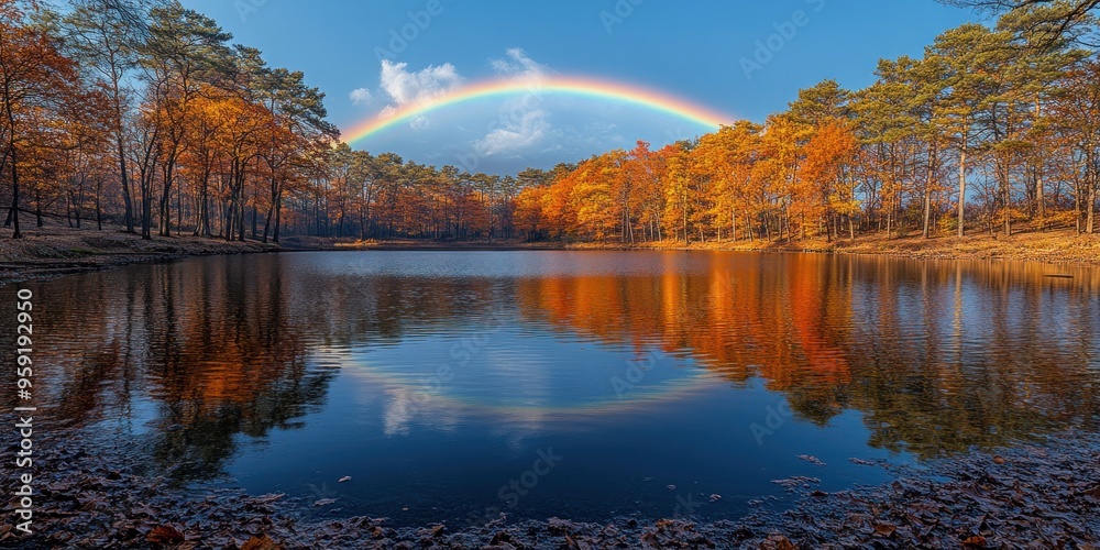 Obraz premium Rainbow Over a Calm Lake in Autumn Forest